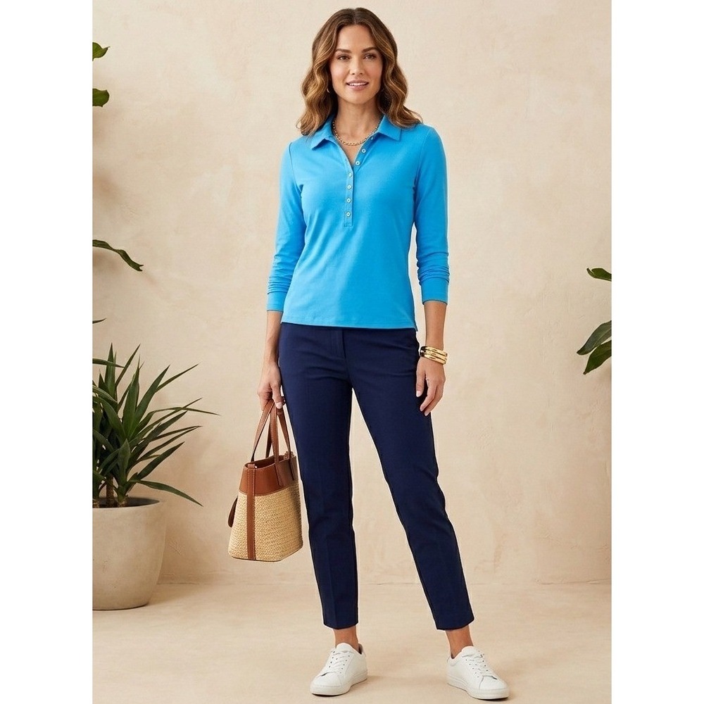 Lilly Pulitzer Polo Shirt Women Large Blue Long‎ Sleeve Gold Button Preppy